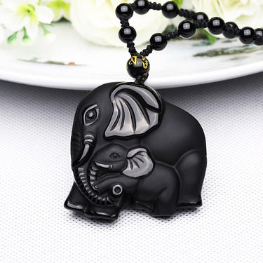 Handcarved Obsidian Mother Baby Elephant Pendant Necklace